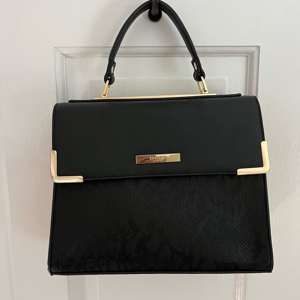 Dune London Black Faux Leather Python Snake Satchel Top Handle Crossbody Bag